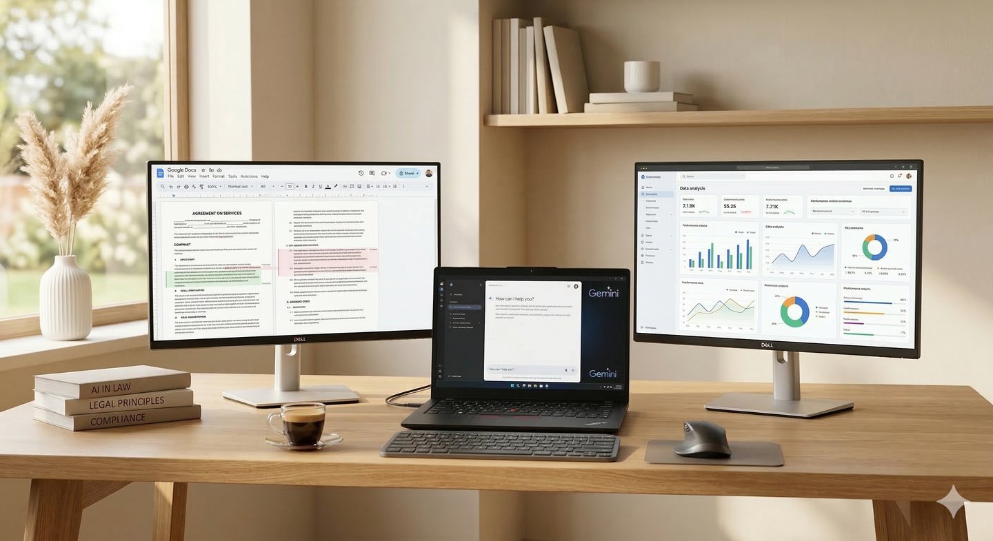 Stůl s notebookem a monitory – AI pracovní stanice